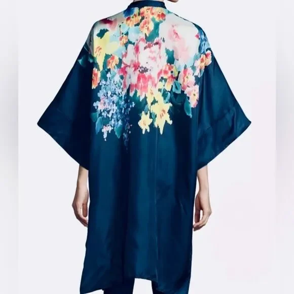 SOLD Johnny Was Malani 100% Silk Floral Print Long Kimono Tunic Navy Blue Size M - Picture 4 of 16